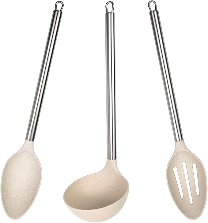 Beille 3pc Wheat Straw Spoons and Ladle Set Cooking Baking Kitchen Utensils, Cream