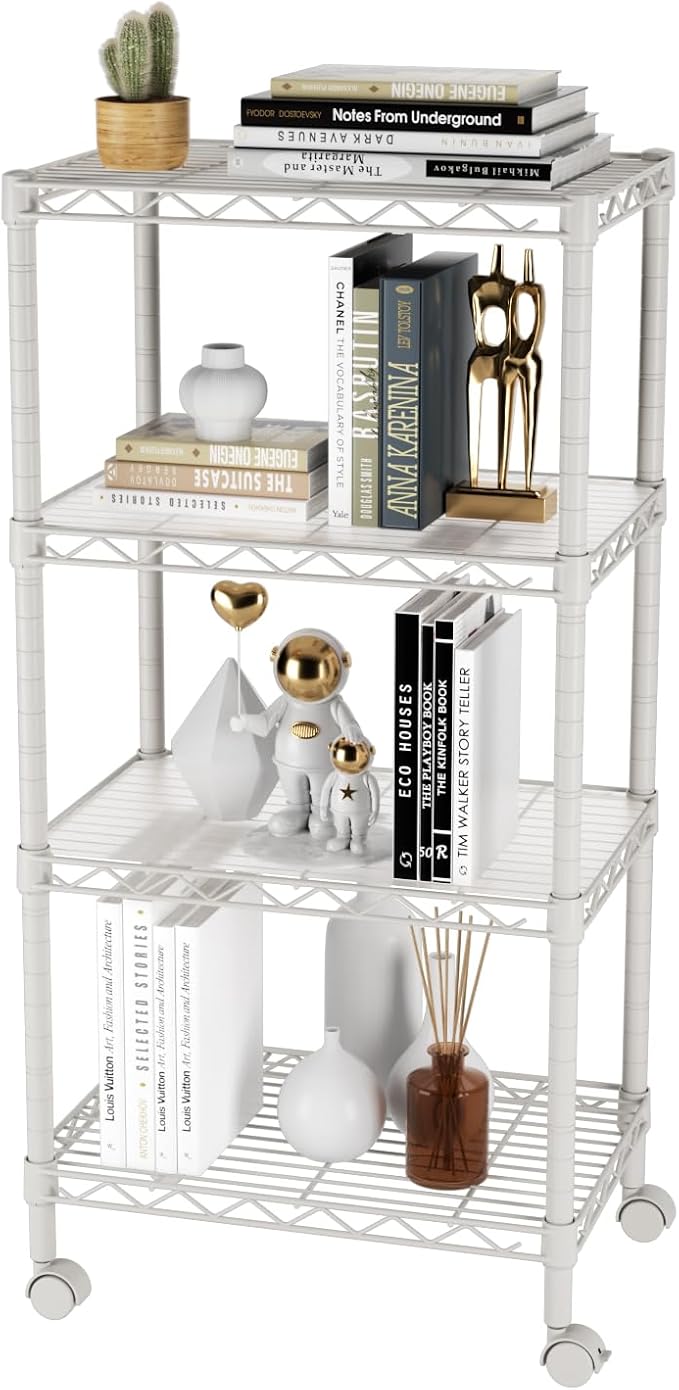 SINGAYE 4 Shelves Storage Shelf Wire Shelving Unit Metal Adjustable Wheels | Small Shelf Storage with Wheels Organizers Closet Unit for Bathroom Laundry Room Kitchen Pantry11.5D x 17.5W x 45H White