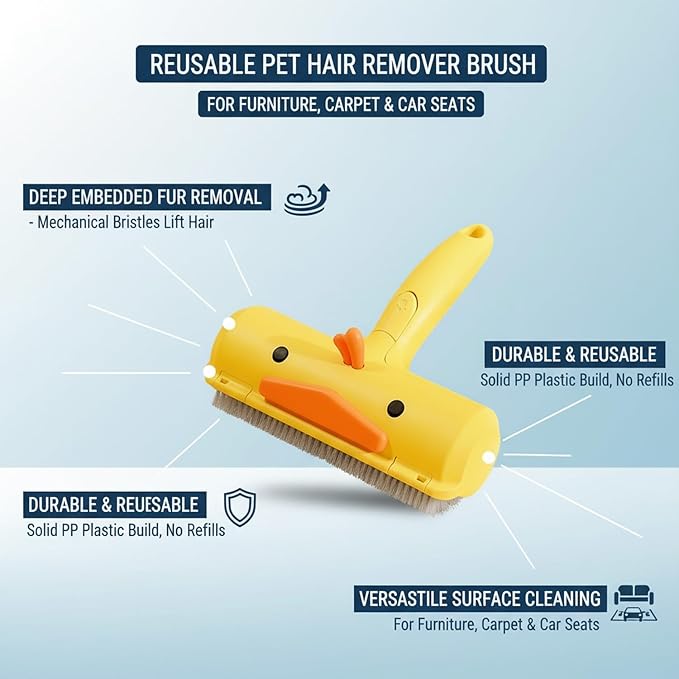 Reusable Pet Hair Remover Brush for Furniture, Carpet & Car Seats - Mechanical Lint Removal Tool with Durable PP Handle (1 Pack)