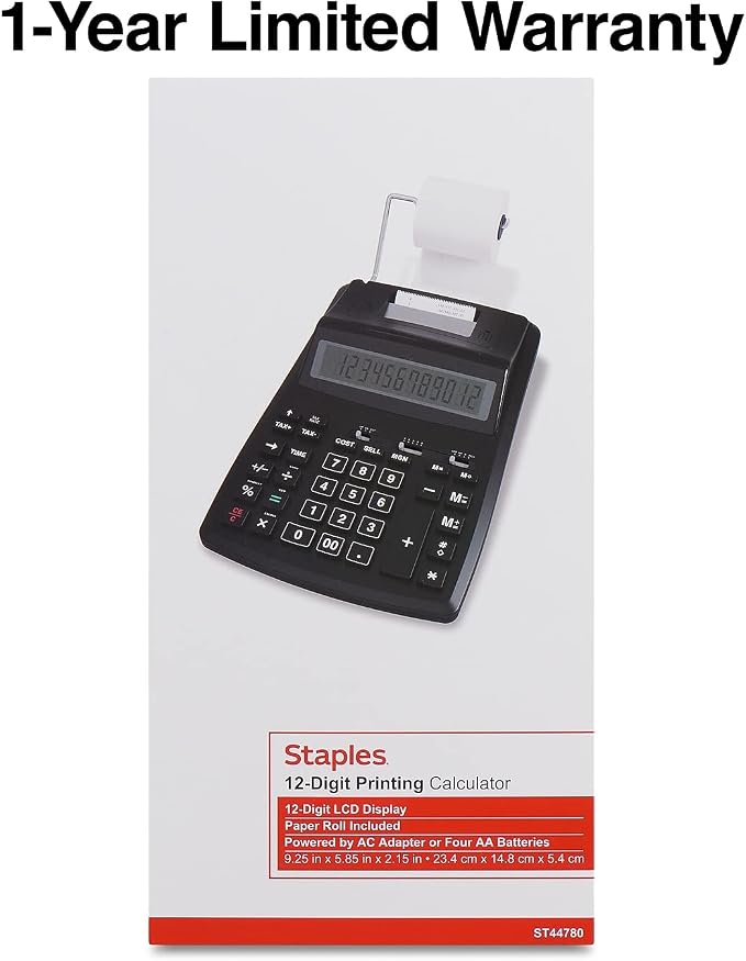 TRU RED 12-Digit Desktop Printing Calculator, Black, Paper Tape Printing, Large Display, Office Accounting & Business Use