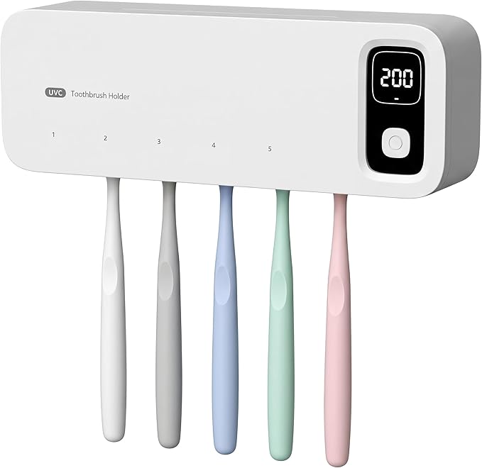 UV Light Toothbrush Cleaner Holder, Wall Mount Tooth Brush Holder for Bathroom, 5 Toothbrush Slots & LED Smart Screen Fits Electric, Manual Toothbrushes (White)