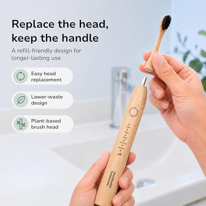 Sustainable Tomorrow Zen Bamboo Electric Toothbrush, Durable Wood-Grain ABS Handle, Rechargeable w/Plant-Based Soft Bristles, Bamboo Heads, 5 Modes & 30-Day Battery