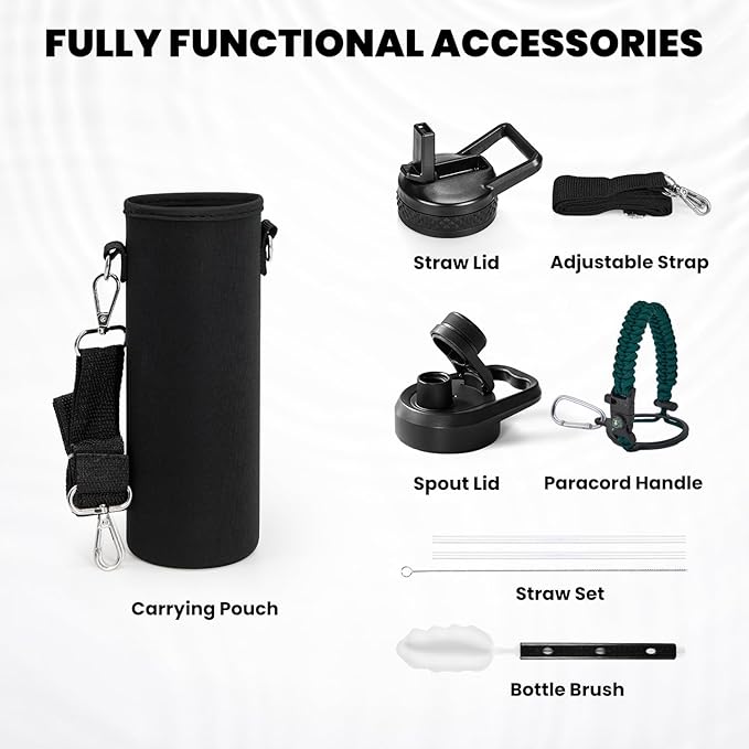 RAYMYLO Insulated Water Bottle 24 oz, Triple Wall Vacuum Stainless Steel (Cold for 24Hrs, Hot for 12Hrs), Leak Proof & Non-BPA, Modern Water Flask Jug with Paracord Handle & Straw Spout Lids