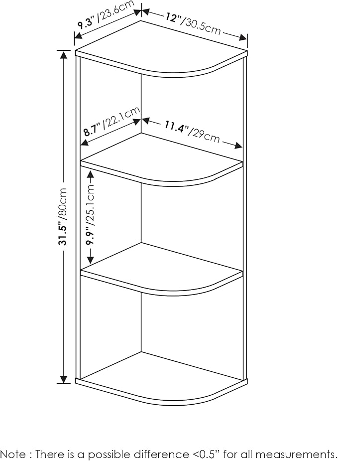 Furinno PASIR Book Shelf, 3-Tier Corner Bookshelf with Open Shelf, Standing Bookcase, 9.3 x 12 x 31.5 for Organization and Storage, for Living Room, Bedroom, Home Office, White