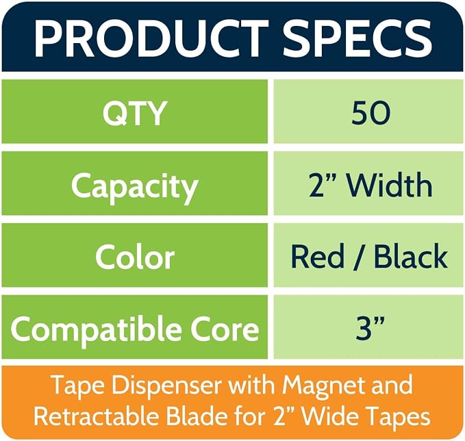 PSBM Heavy Duty Packing Tape Dispenser, 2 Inch Wide, 50 Count, Magnetic Retractable-Blade Tape Gun with Sealing Cutter, Ideal for Warehouse Storage and Packaging