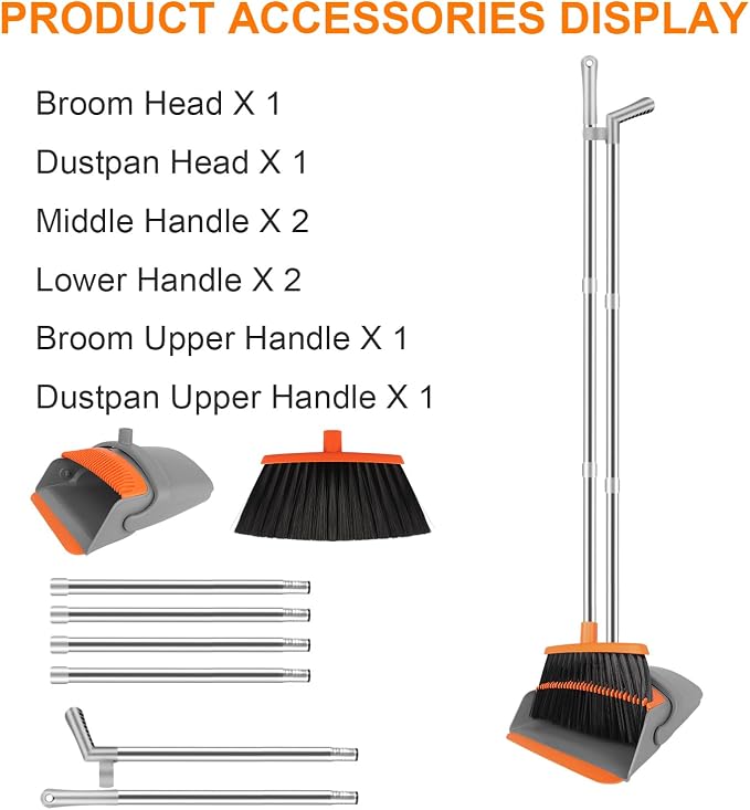 Broom with Dustpan Set & Mini Hand Brush Set, 51" Long Handle Upright Cleaning Combo with Self-Cleaning Teeth for Home Kitchen Pet Hair
