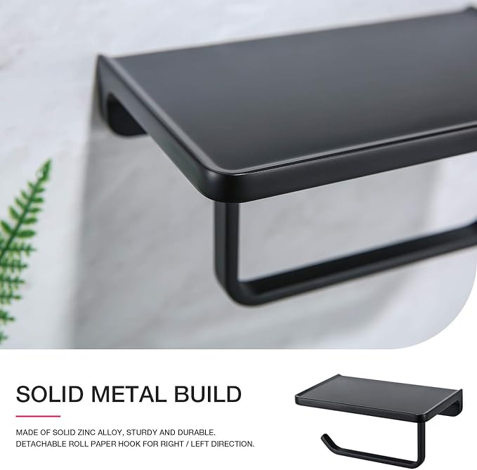 TRUSTMI Toilet Paper Holder with Phone Shelf Solid Metal Bathroom Hardware Accessories Tissue Roll Dispenser Storage Wall Mounted, Matte Black