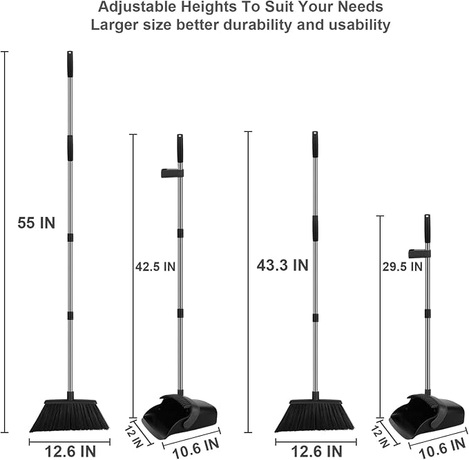 Broom and Dustpan Set, Heavy Duty Large Household Broom with Dustpan Combo Set, 55" Long Handle Black Dust Pan Kit for Kitchen Lobby Indoor Outdoor