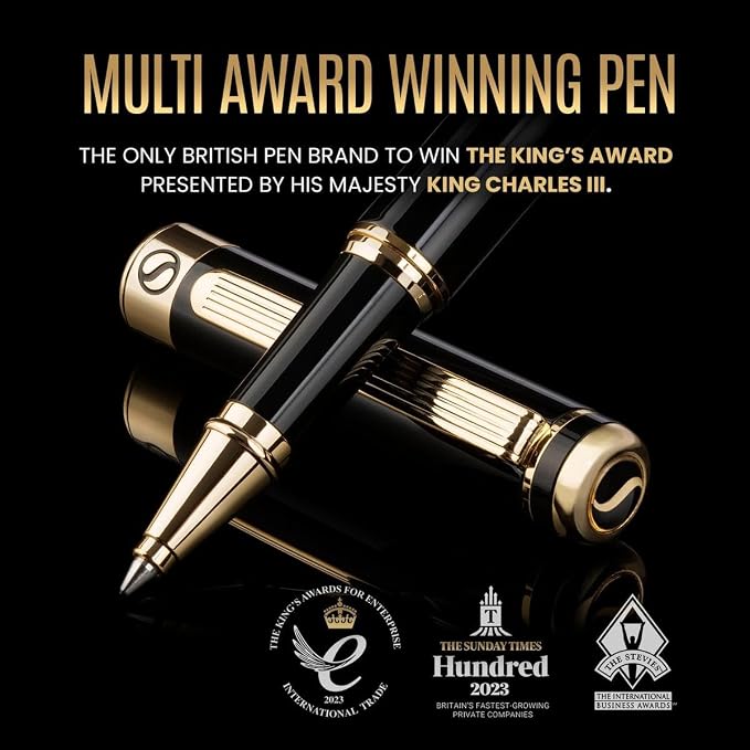 Scriveiner Black Lacquer Rollerball Pen - Stunning Luxury Pen, Real Gold Plating, Schmidt Ink Refill, Best Roller Ball Gift Set for Men & Women, Professional, Executive Office, Nice Pens