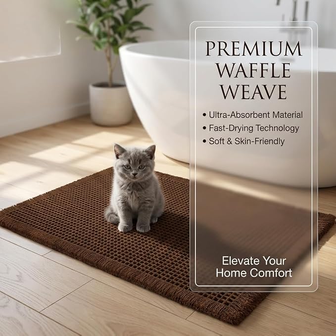 IM HOME Waffle Bath Mat Brown 24"x17", Boho Woven Modern Bath Mat, Absorbent Non Slip Bathroom Rugs, Soft Washable Rug with Tassels for Bathroom, Bedroom, Kitchen, Shower, Tub
