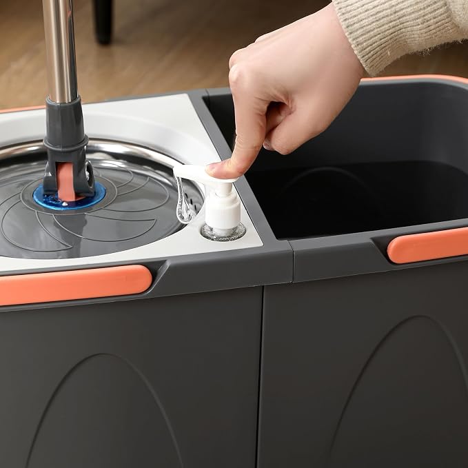 Spin Mop and Detachable Bucket Set with 5 Reusable Microfiber mop Head Dual-Chamber Water System Spining Mop Floor Cleaning Kit for Hardwood Tile Laminate Floors (Gray)
