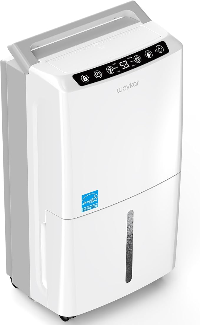 Waykar 2000 Sq. Ft 34 Pints 2025 Most Efficient Energy Star Dehumidifier for Home and Basement with Auto or Manual Drainage, Quiet 33dB Operation, 0.62 Gallon Water Tank Capacity