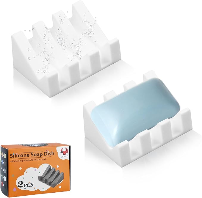 Self Draining Soap Dish Holder,Silicone Soap Dish,for Bathroom,Kitchen, Sponges，Can Extend Soap Life，Keep Soap Bars Dry and Easy Cleaning (White,2-Pack)