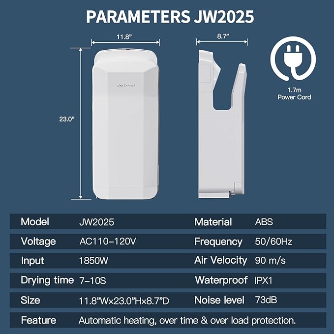 JETWELL Vertical Premium Commercial Hand Dryer- High Speed Jet Air Motor Speed Adjustable with HEPA Filter- Automatic Warm Wind White Plastic Cover Hand Blower