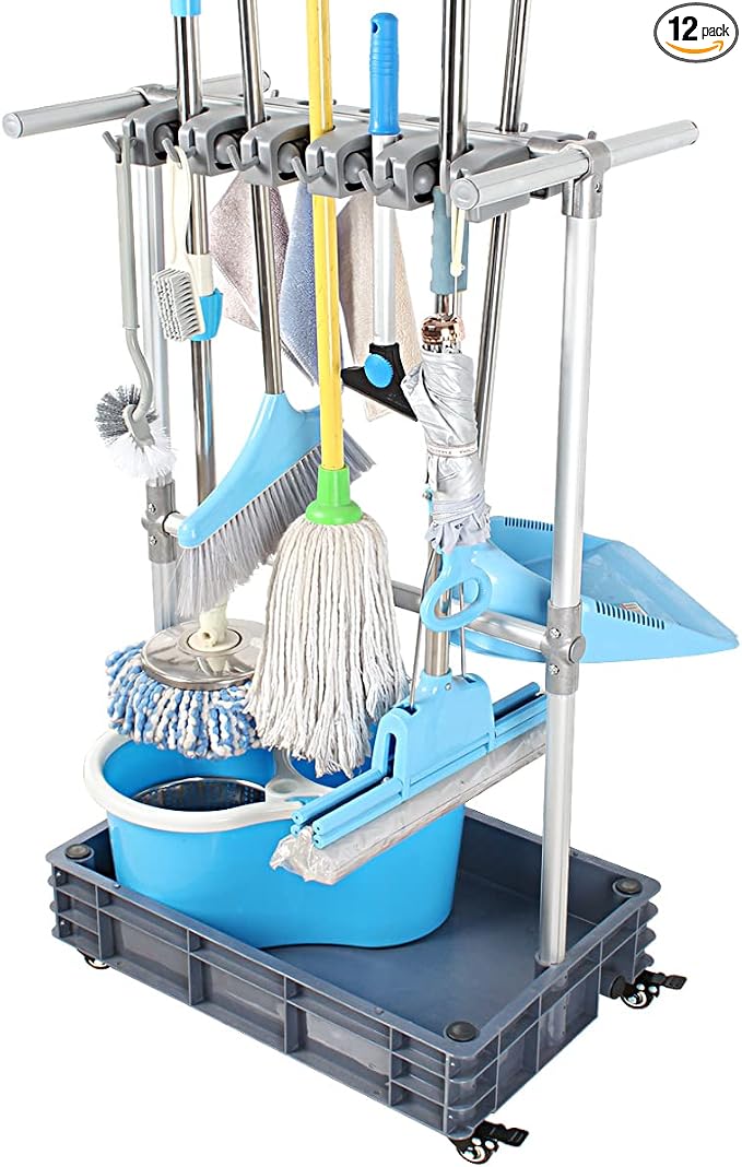 Broom And Mop Holder Put Wet Mops Movable Floor-Mounted Mop Rack Floor Standing Cleaning Tool Cart Storage For Garden Garage Schools, Hospitals, Factories, Hotels,Property Companies (12racks)