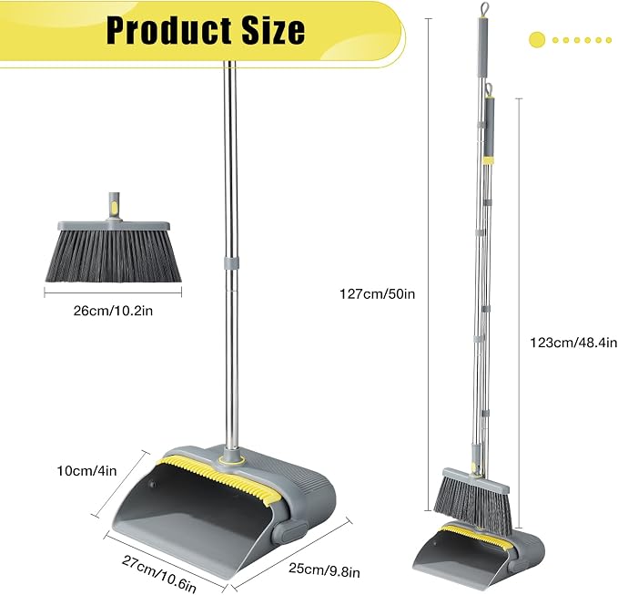 Broom with Dustpan Combo Set, 52'' Long Handle Stainless Steel Poles, Self Cleaning Dustpan Teeth for Home Sweeping Indoor Outdoor Kitchen Office Restaurant Apartment Pet Hair Cleaning Tools