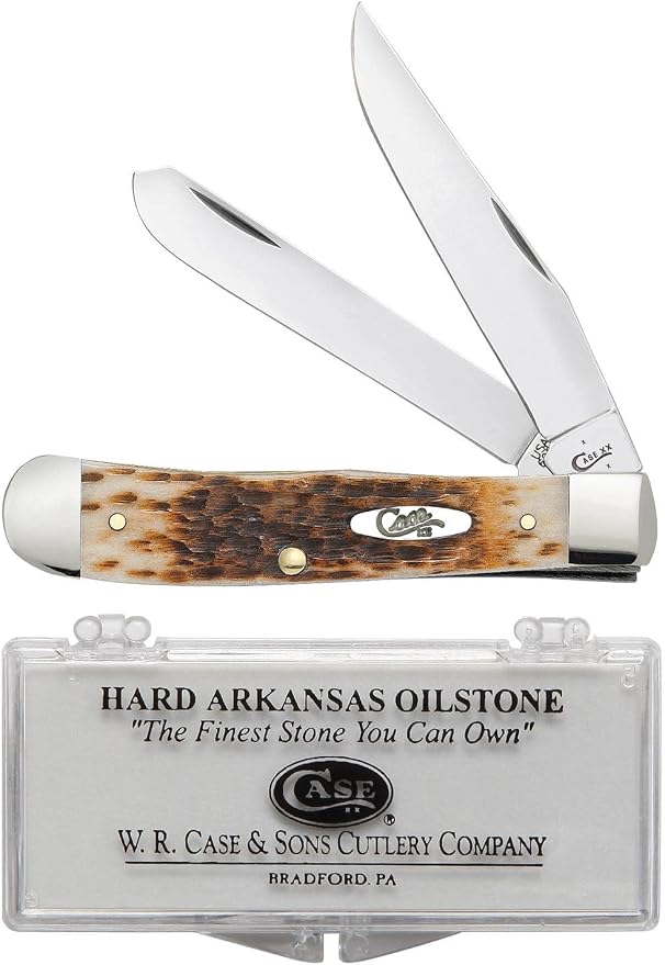Case XX WR Pocket Knife Trapper With Genuine Bone Handle, Carbon Steel CV Blade(s), Length Closed: 4 1/8 Inches (Amber Bone W/Sharpening Stone)