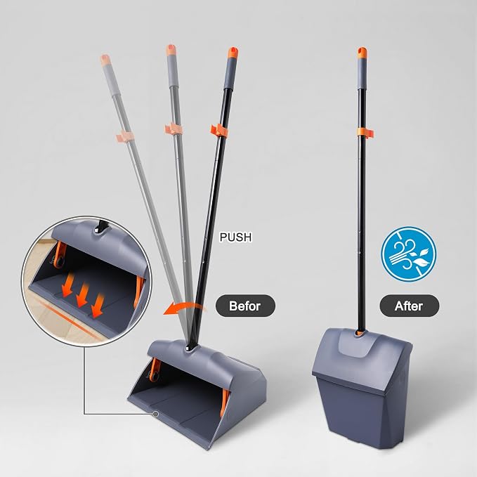 CLEANHOME Heavy Duty Broom with Dustpan Combo Set Indoor and Outdoor Dual Purpose,Stiff Bristle Commercial Angle Broom and Standing Dust Pans with Long Handle for Sweeping Home,Kitchen,Yard,Grey