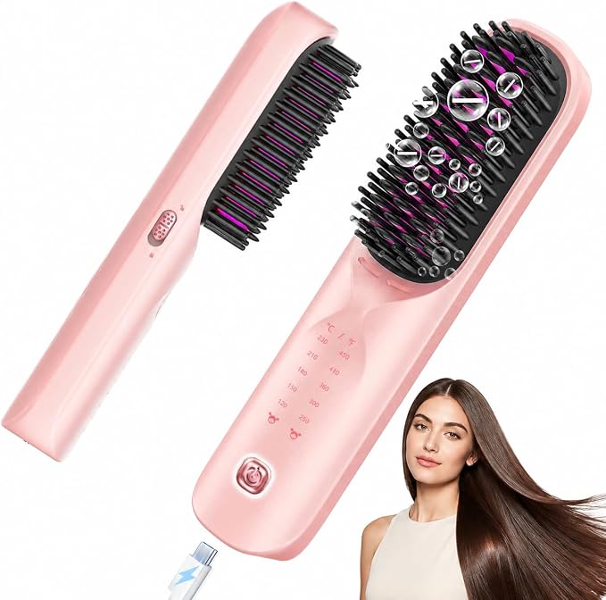 Bopcal Cordless Hair Straightener Brush, 10000mAh Rechargeable Ionic Hair Styling Comb, 30s Fast Heating Anti-Frizz Straightening Brush for Smooth Salon Results, Gift for Women
