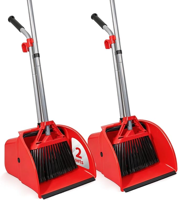 Commercial Broom and Dustpan Set,Heavy Duty Broom Set,Jumbo Debris Dustpan, Trash Collection for Commercial/Industrial Cleaning,2Sets, Red,Extra-Large Size