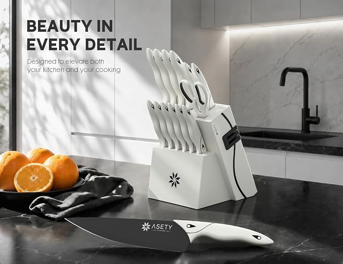 ASETY Kitchen Knife Set with Block 15 PCS, Dishwasher Safe Kitchen Knives | Ultra Sharp Knife block Set, High-carbon Stainless Steel, Chef Knife Set with Built-in Sharpener, Ergonomic handles, Ivory