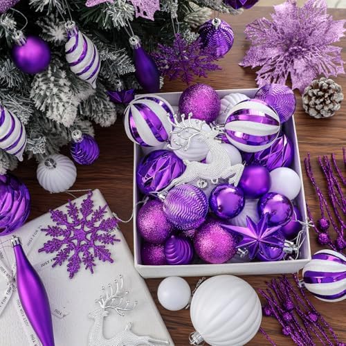 CroBlissful 118 Pcs Christmas Tree Ornaments Set Including Ornaments Balls, Hanging Snowflakes Icicle, Mesh Ribbon, Tree Top Star, Flower, Berries Stems for Xmas Trees Holiday Decor(Purple)