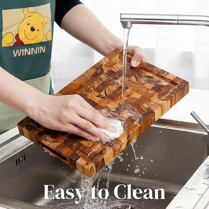 Premium End Grain Teak Cutting Board 12" x 8" x 1" with Handle & Juice Groove, Medium Thick Solid Non-toxic Wood Butcher Block for Meat, Fruit, Cheese & Kitchen Prep by New M Way