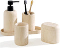 Bathroom Accessories Set, Travertine Stone Look, 5 PCS, Yellow | Modern, Bathroom Set with 13.53 OZ Soap Dispenser, Toothbrush Holder, Tumbler, Vanity Tray, Cotton Swab Jar for Countertop