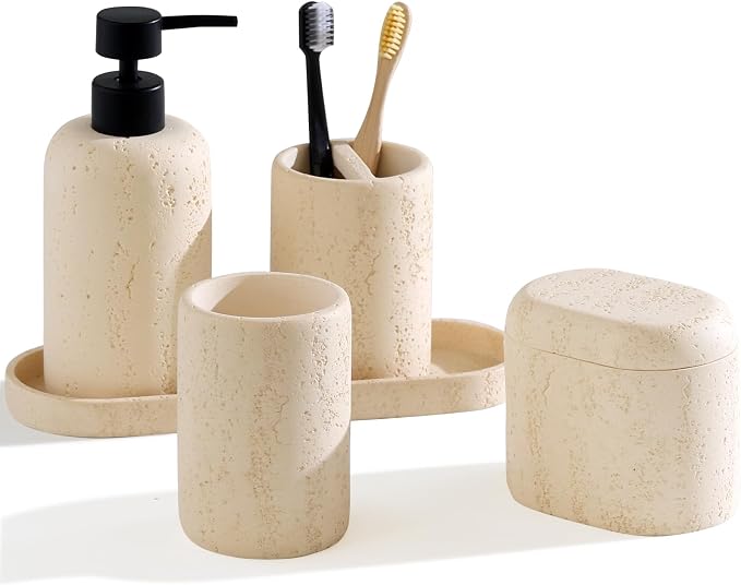 Bathroom Accessories Set, Travertine Stone Look, 5 PCS, Yellow | Modern, Bathroom Set with 13.53 OZ Soap Dispenser, Toothbrush Holder, Tumbler, Vanity Tray, Cotton Swab Jar for Countertop