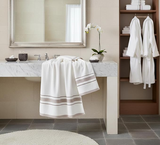 Bath Towels Set for Bathroom – Luxury 6-Piece Cotton Towels, Soft Absorbent & Quick Dry, 600 GSM Bath Towels for Bathroom, Hotel Spa Quality (White/Brown, 6- Bath Towel Set)