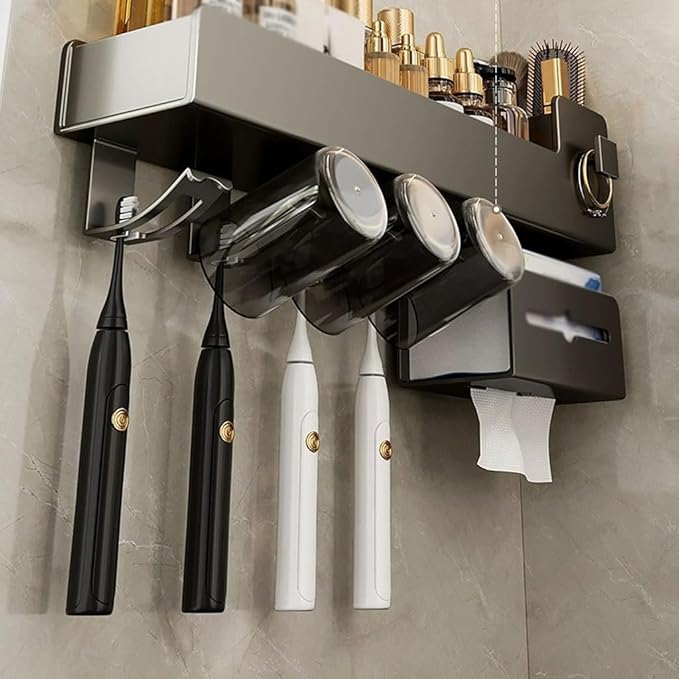 Toothbrush Rack Aluminum Toothbrush Holder Gun Gray Toothpaste Holder Multi-Storage Space Storage Bracket Wall-Mounted No Punching Required Bathroom Toothbrush Holder(L27.3cm)