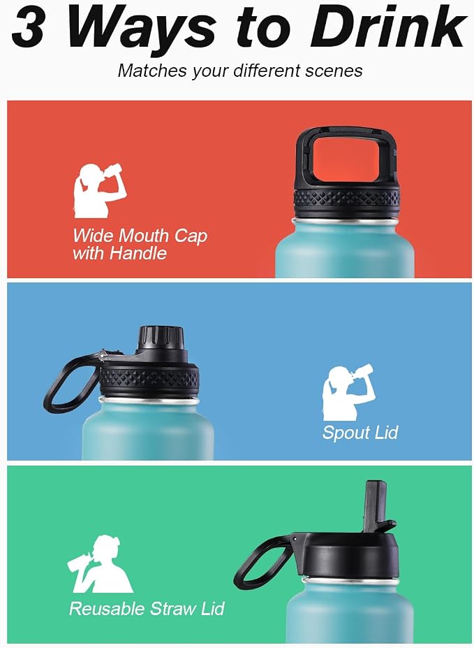 Coolflask Water Bottle 40 oz Insulated with Straw, Stainless Steel Metal 3 Lids Water Flask for Sports or Office, Keep Cold 48H Hot 24H, Indigo Blue