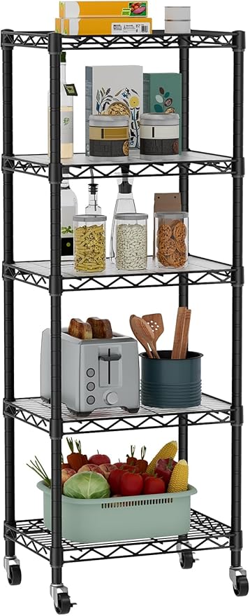 Golpart Small 5 Tier Shelves Storage Wire Shelving Unit Metal Shelf Adjustable Organizers Storage Shelving with Wheels for Bathroom Laundry Room Kitchen Pantry11.7”D x 17.7”W x 57.2”H Black