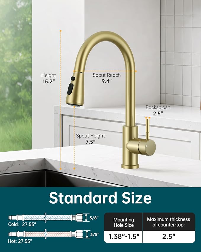 Hiqufet Vintage Kitchen Faucet, Pull Down Sprayer, Brushed Gold | Easy Install, 360 Swivel, 3 Spray Modes, SUS304 Stainless Steel, High Arc, Fits RV/Laundry/Bar Sinks, High Arc, Lead-Free