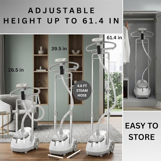 SALAV GS45-DJ Professional Upright Garment Steamer with Roll Wheels, Multi-Function Extra Wide Hanger, Fabric Brush & Mini Ironing Paddle, 1500 watts, Silver