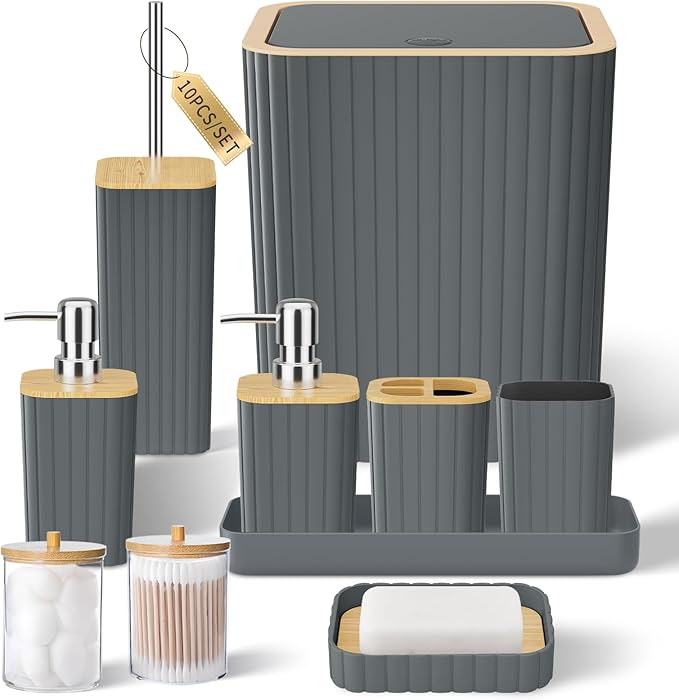 XLHOMO Bathroom Set - Elegant Grey Bathroom Set, 10PC Grey Bathroom Accessories Set, Bathroom Sets with Toilet Brush, Bathroom Trash Can