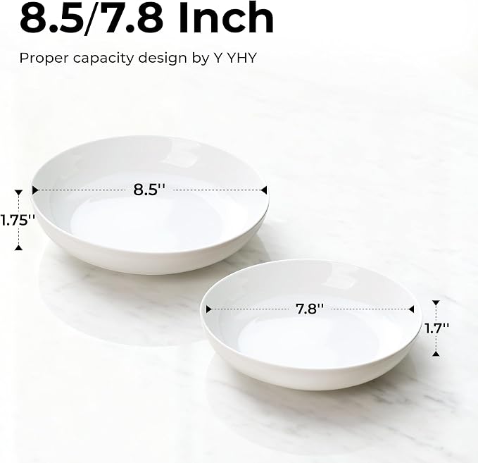 Y YHY 7.8'' Pasta Bowls for Small Portions, 22 Ounce Salad White Bowl Plates Set of 6, Porcelain Dishes for Serving Dinner - Dinnerware Sets Microwave Dishwasher Safe Thanksgiving Day Gift
