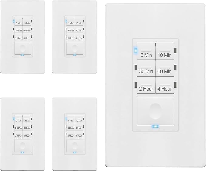 ENERLITES Countdown Light Timer Switch for Bathroom Fans, Lights, 5-10-30-60 Min, 2-4 Hour, 120VAC Neutral Wire Required, UL Listed, HET06-W-5PCS, White, 5 Pack