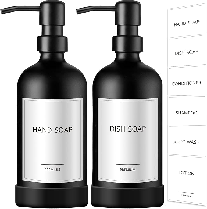 GMISUN Black Soap Dispenser with Silicone Sleeve Boot, 2 Pack Glass Bathroom Hand Soap Dispensers with Stainless Steel Pump, 17 Fl Oz Kitchen Hand and Dish Soap Dispenser Set, Liquid Dispensers Bottle