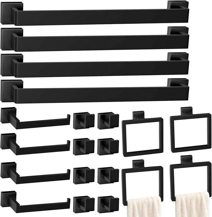 20-Pieces Matte Black Bathroom Accessories Set, Stainless Steel Bathroom Hardware Set, Towel Racks for Bathroom Wall Mounted 24 Inch Bath Towel Bar Set.