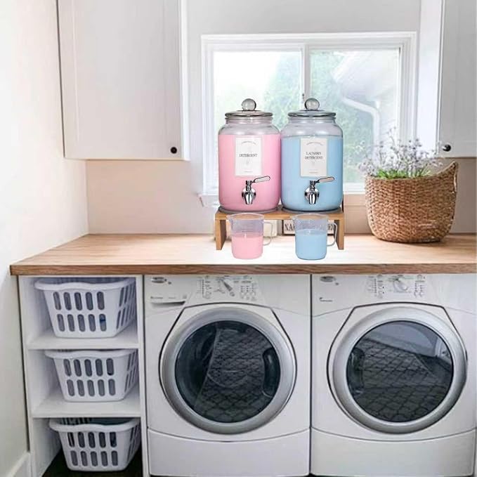 2 Pack Glass Laundry Detergent Dispenser,Sturdy glass Fabric Softener Dispenser With Leak Proof Pump,Reusable Container & Bamboo Stand-108Oz Big Laundry Soap Container For Washer Room Organization (2)