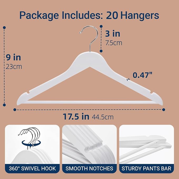Amber Home 20 Pack White Wooden Coat Hangers, White Wood Suit Hangers with Non-Slip Pant Bar, Clothes Hangers for Closet Organization, Shirts, Jackets, Dresses, and Pants (White, 20)