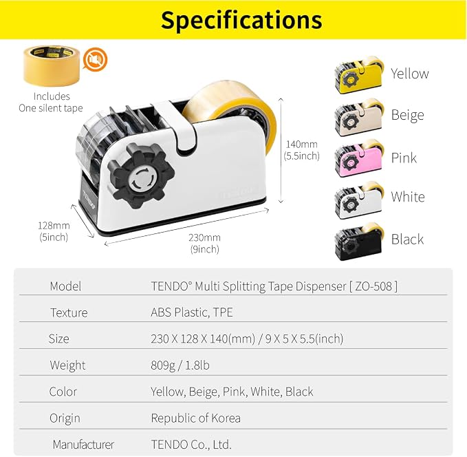 [TENDO°] TENDO Multi-Section Tape Dispenser, Custom Width Tape Cutter with 4 Cutting Sections, Built-in Safety Blade, Ergonomic Grip for Packing and Office Use, ZO-508(White)