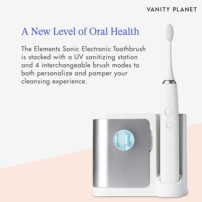 Vanity Planet Elements Ultrasonic Electric Toothbrush - Silver - Advanced Oral Care with UV Sanitizing Charger Base with 3 Replacement Heads - 99.9% Effective Keeping Your Teeth Clean
