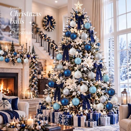 Jenaai 12 Pack Blue Sliver White Large Christmas Ball Ornaments Set, 4 Inch