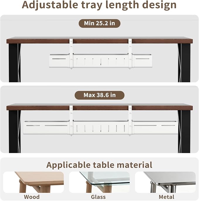 Under Desk Cable Management, Expandable 25.2"–38.6" Cable Management Under Desk No Drill, Heavy Duty Carbon Steel with Clamp, Hidden Cord Organizer for Desk, Home Office Standing Desk White