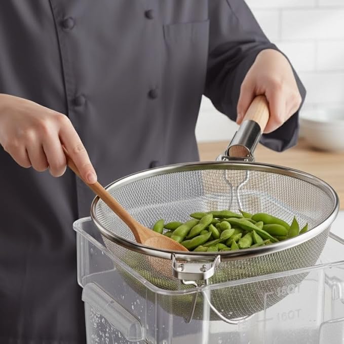 Soro Essentials- 12" Double Tinned Fine Mesh Strainer with Reinforced Bands Pan Hook Wooden Handle- Food Sieve Strainer Kitchen Mesh Strainer Utensil for Cooking Rice Quinoa Pasta Fruits Vegetable
