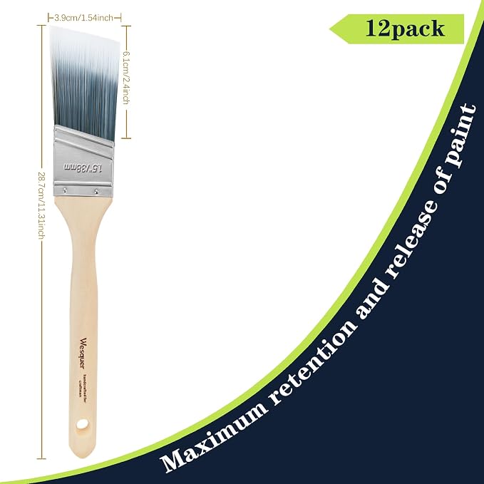 Wesquer - 1.5 Inch Angled Paint Brush Stain 12 Pack for Painting Wall Fence Wood Furniture Door Frame Cabinet Window Indoor and Outdoor Commercial Paint Brush