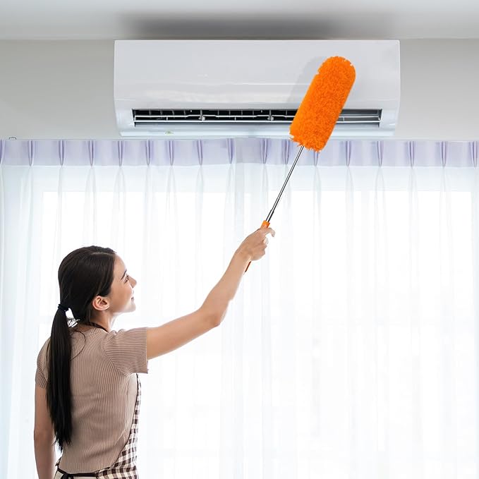 Tanlade 1 Pcs Microfiber Feather Duster for Cleaning 13-31 Inch Extendable Cobweb Dusters Ceiling Fan Duster Washable Bendable Tool for Office Car Window Furniture (Orange)