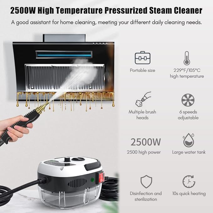 Portable Handheld Steam Cleaner, High Temperature Pressurized Steam Cleaning Machine with Brush Heads for Kitchen Furniture Bathroom Car, US Plug 110V (Red)